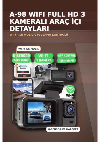 1080p Full Hd 3 Kameralı Wi-fi Destekli Araç İçi Yol Kayıt Kamerası 170 Derece Geniş Açı