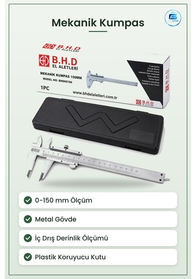 Mekanik Kumpas 150 Mm Metal Hassas Ölçüm Aleti Plastik Kutulu İç