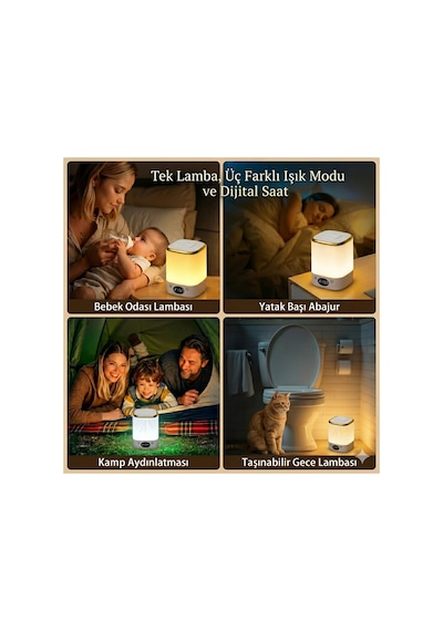 Şarjlı Led Gece Lambası Uzaktan Kumandalı Dekoratif Aydınlatma Dijital Saatli Masa Lambası Beyaz Beyaz