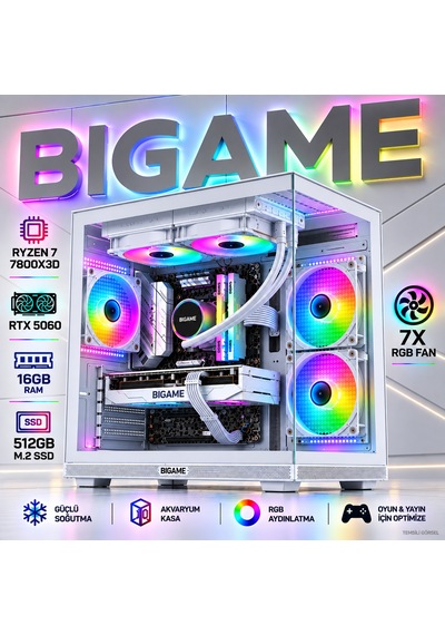 Bigame ELITE-V1 R7-7800X3D 16 GB 512 GB M2 SSD RTX5060 Free Dos Masaüstü Oyuncu Bilgisayarı