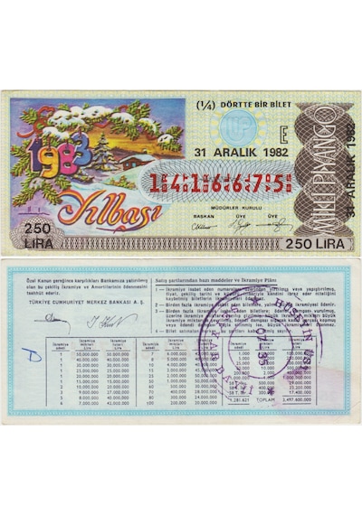 Eski Milli Piyango 31 Aralık 1982 Çeyrek 1/4 Bilet. Yılbaşı 250 Lira E Serisi.  Teşhir Ürün