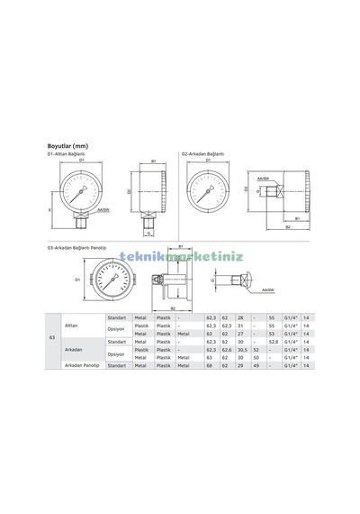 63MM -1 / +1.5 Bar Arkadan Çıkışlı G1/4" ManovakuMMetre Pakkens