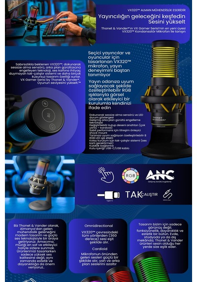 Vx320 Yayıncı Mikrofonu Ve Vx100 Stant Seti Dokunmatik Rgb Led Titreşim Önleme Çok Yönlü Kardioid