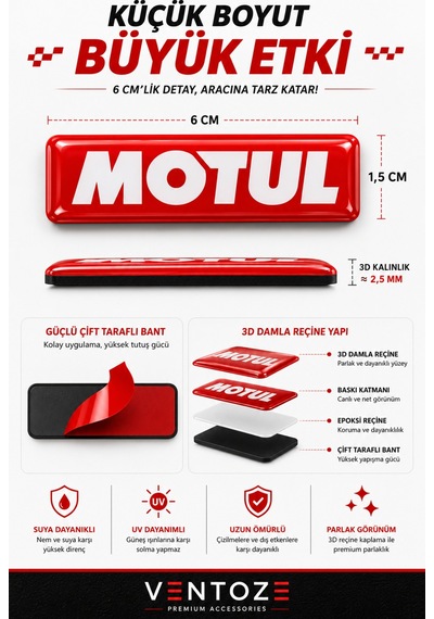 Motul Damla Etiket 3d Reçine Logo Sticker Oto Araç İçi Dekoratif Aksesuar 6x1,5 Cm