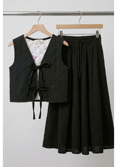 Angel&co. Girls Clothing Siyah Kız Çocuk Müslin Kapitone Yelek Etek 2'li Takım Siyah Siyah