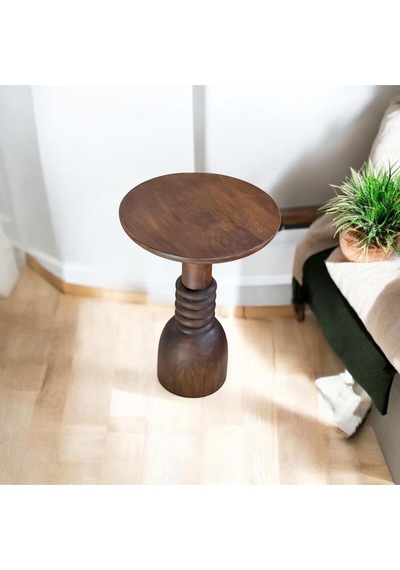 Wood Woodenahşap Tekli Mantar Yan Sehpa Modern Ceviz Renk 50cm Koyu Ceviz
