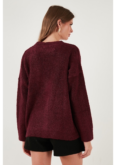 Lela Oversize Fit Düğmeli V Yaka Uzun Kollu Triko Bayan Hırka 4616232 Bordo