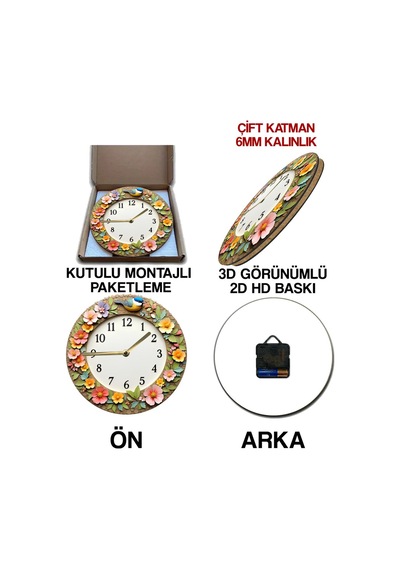 Çiçek Ve Kuş Temalı 3d Görünümlü Mdf Duvar Saati 33 Cm Sdw274 Renkli