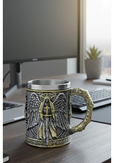 Melek Figürlü Çelik Kupa - Özel Tasarım Ortaçağ Temalı Paslanmaz Mug Ev Ofis Dekoratif Çok Renkli