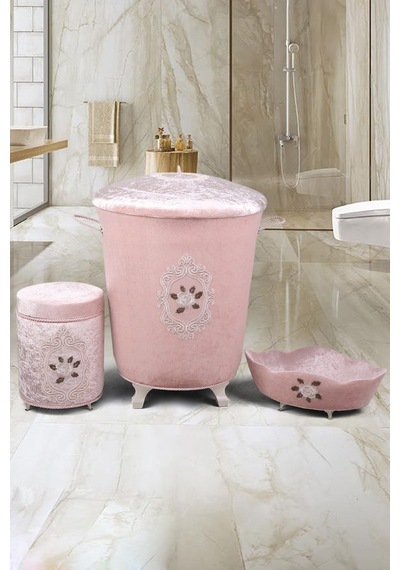 Shems Pudra 3'lü Çeyizlik Banyo Kirli Çamaşır Sepeti Seti Pudra