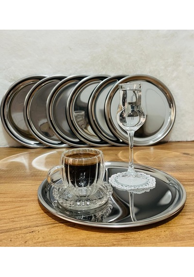 Tr 6 Adet Lüx Gümüş Paslanmaz Çelik Yuvarlak Çay,kahve,pasta Servis Tepsisi Sunum Tepsisi 21.5 Cm Genel