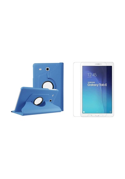 Samsung Galaxy Tab E T560 Uyumlu Dönerli Siyah 9.6" Tablet Kılıfı + Ekran Koruyucu Kapaklı Kılıf