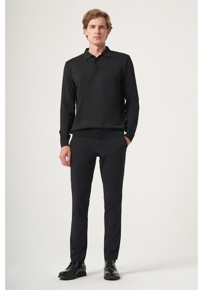 İmza Siyah Polo Yaka Uzun Kol Örme Comfort Fit Pamuklu Kazak 1012265159