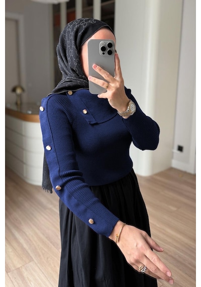 Kahijab Asimetrik Yaka Truvakar Kol Triko Bluz - Lacivert