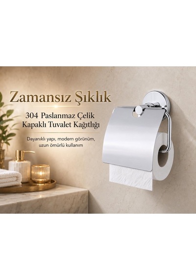 Alper Banyo Kapaklı Tuvalet Kağıtlığı, 304 Paslanmaz Çelik, Krom Kaplama Wc Kağıtlık, Yapışkanlı Ve Vidalı Diğer