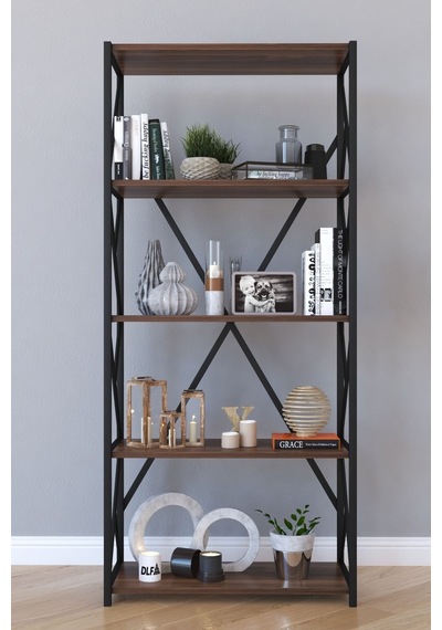 5 Raflı Metal Kitaplık 160 Cm - Ceviz Ceviz