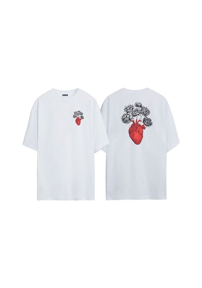 Thewert Unisex Heart With Fading Flowers Ön Arka Baskılı Beyaz Oversize T-shirt