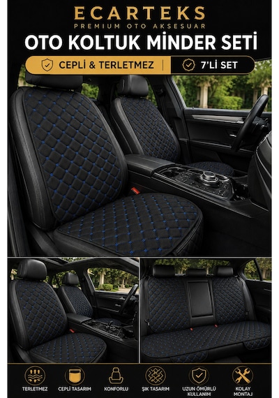 Terletmez Cepli Oto Koltuk Minder Seti Kolay Montaj Universal Koruyucu Kılıf Kumaş Mavi
