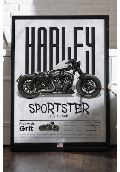 Harley David Sportster 48 Siyah Ahşap Çerçeveli Poster, Dekoratif Motosiklet Duvar Tablosu