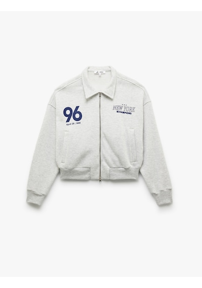 Koton Şardonlu Uzun Kollu Cepli Arkası Baskılı Fermuarlı Sweatshirt Kar Melanj 6wal10203ık Gri Melanj