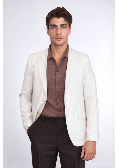 Ekru Çizgili Keten Dokulu Gold Renk Metal Düğmeli Slim Fit Erkek Blazer Ceket Wessi Cream