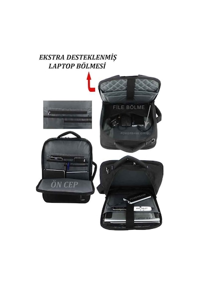 Case Club 1407 Laptop Sırt El Ve Omuz Çantası 15,6 İnç Usb Aparatlı Omuz Askılı Su Geçirmez Kumaş Siyah