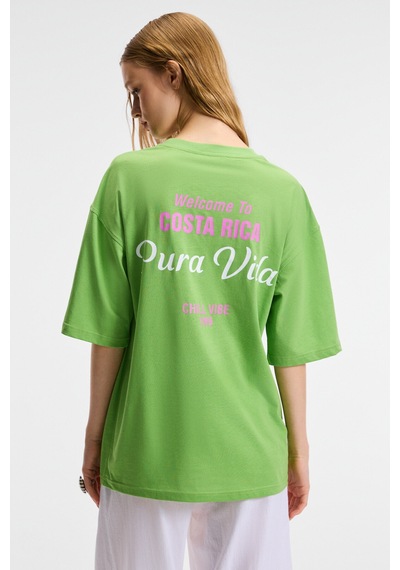 ETHIQUET ZEY INA Kadın %100 Pamuk Baskılı Regular Fit Kısa Kollu Bisiklet Yaka Yeşil T-Shirt