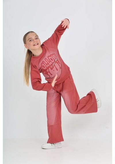 Toontoy Kids Toontoy Kız Çocuk 2'li Takım Eskitme Baskılı Bisiklet Yaka Sweatshirt & Beli Lastikli Cepli Bol Paça Eşofman Altı - 2 İplik Kiremit