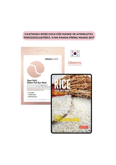 Dermal 3 Katmanlı Rose Gold Göz Maskesi + Aydınlatıcı Pürüzsüzleştirici Pamuk Pirinç Maskesi