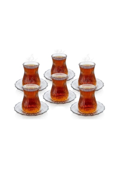 12 Parça Çay Seti - 6 Adet Fitil Desenli Cam Çay Bardağı Ve 6 Adet Cam Çay Tabağı - Isıya Dayanıklı Çay Takımı çok renkli