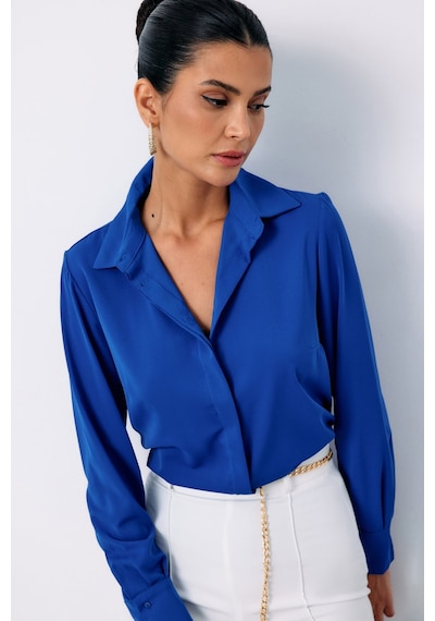 Sateen Klasik Düz Gömlek - Sax Mavi-132870 Saks