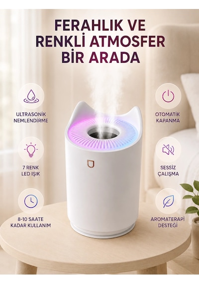 Mey İthalat Ultrasonik Hava Nemlendirme Cihazı 7 Renk Led Aromaterapi Difüzör