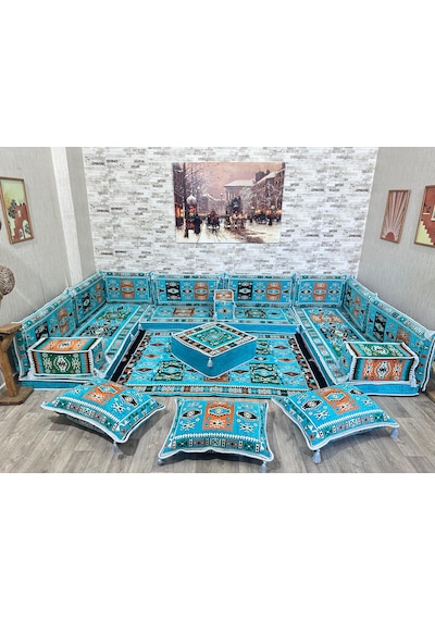 Coton Şark Köşesi Milas Desenli Minder, Kilim, Orta Puf Turkuaz