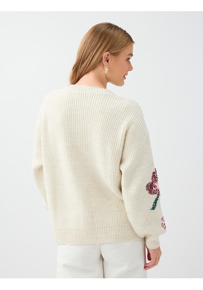 Jimmy Key Kırık Beyaz Floral Payet İşleme Detaylı V Yaka Triko Hırka 6ww108197106