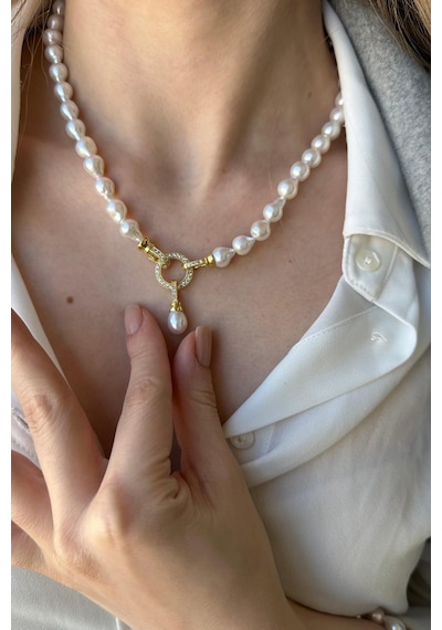 Zirkon Taşlı Halka Kilitli Doğal Damla İnci Küpe Kolye Bileklik Üçlü Set 50 Cm / Sarı Gümüş