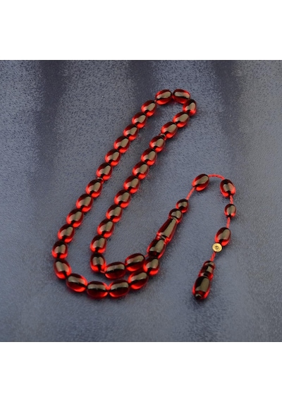 Sistem Püsküllü 11x8mm Kapsül Kesim İmzalı Ateş Kehribar Tesbih Kırmızı