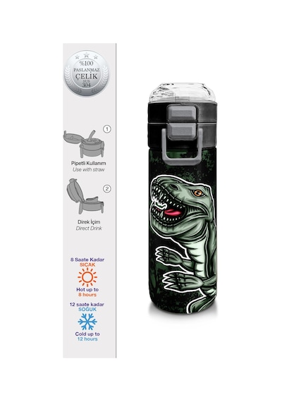 Coral High Kids Koyu Yeşil Siyah Dinozor Desenli Pipetli Ve Direkt İçim Çelik Termos 500 Ml 31934 Yeşil - Turuncu