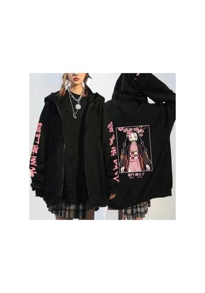 Tarzsokak Nezuko Anime Demon Hoodie Kimetsu Fermuarlı 15123 Siyah