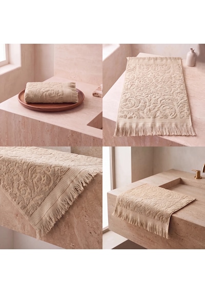 Botti Home %100 Pamuk Jakarlı El Ve Yüz Havlusu Seti 50 X 90 Cm Çeyizlik Saçaklı Havlu Bej