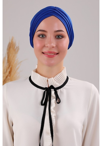Melodi Scarf Kadın Üç Bantlı Çapraz Hazır Türban Dış Bone Saks Mavisi Saks Mavisi