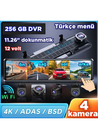 4 Kameralı 11.26'' Dokunmatik Dvr Ayna Monitör 256 Gb 12 Volt Adas-bsd Wifi
