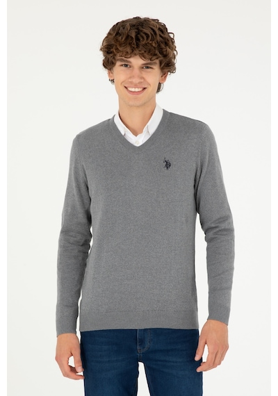U.S. Polo Assn. Erkek Slim Fit V Yaka Gri Melanj Basic Kazak 50293512-VR086
