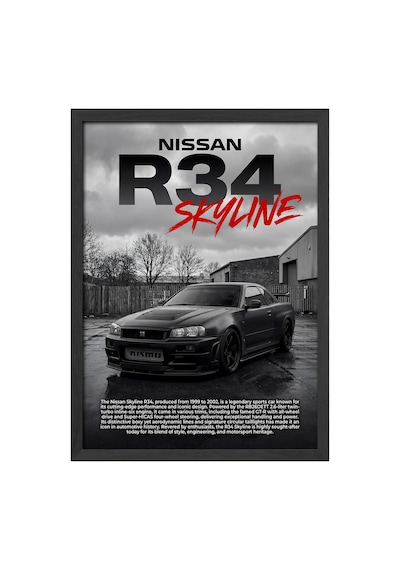 Nissan R34 Skyline Siyah Ahşap Çerçeveli Poster, Dekoratif Araba Duvar Tablosu