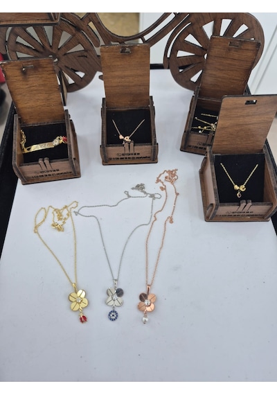 925 Ayar Papatya Silver 3'lü Set 4 Yaprak Yonca Kolye.rose.gold.rodaj Gümüş