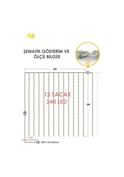 3x2 Metre Perde Led Animasyonlu 12 Saçaklı 240 Ledli Fişli Eklenebilir 8 Fonksiyonlu Yılbaşı Sarı