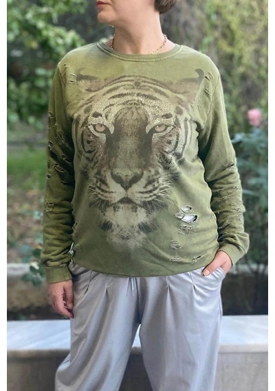 Mia Butik Kadın Haki Kaplan Desenli Sweat Haki
