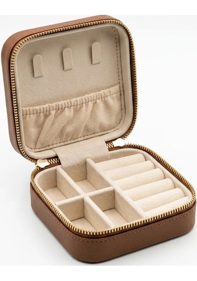 Takı Kutusu Düzenleyici Seyahat Çantası Kolye Yüzük Küpe Organizer Deri Kahverengi 10cmx10cm