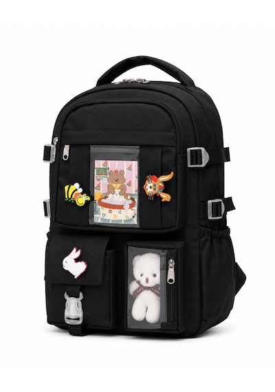 Quovo Kawaii Bag Club Kore Tarzı Full Aksesuarlı Ortopedik Günlük Yeni Okul Sırt Çantası Siyah