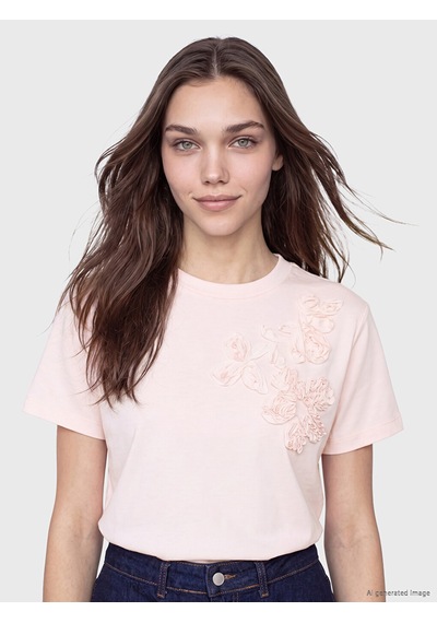 Lcw Modest Pembe Nakışlı Soft Touch Kadın Tişört