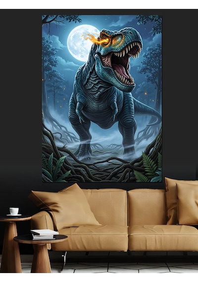 Ahşap Tablo Dolunayda Kükreyen Dinozor Rex